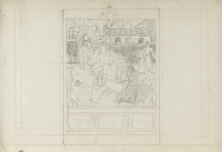 [Women in a garden with lambs], (study for window or mural)