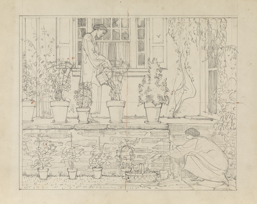 [Two women at Cogslea, tending flowers]