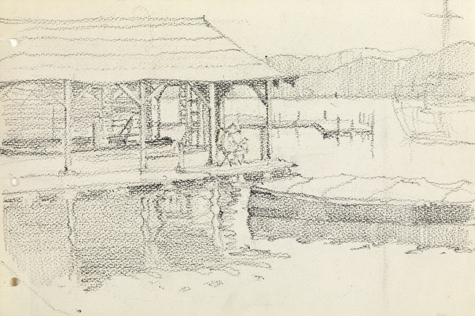 [House on water with dock and boat]