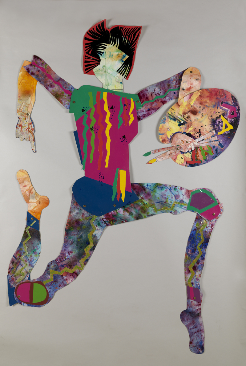 [Atriculated maquette of dancing artist holding a palette]