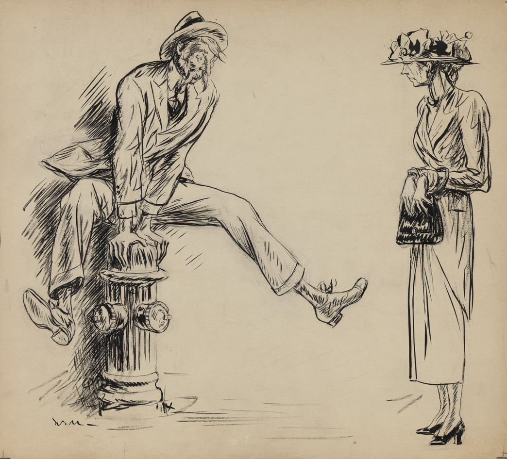 [Man on fire hydrant and woman]