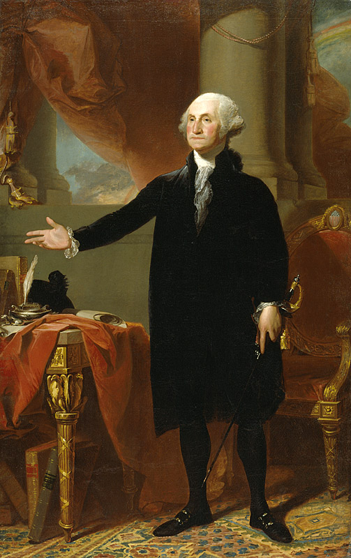 A historical painting of George Washington, highlighting his dignified presence and iconic attire from the Revolutionary era.