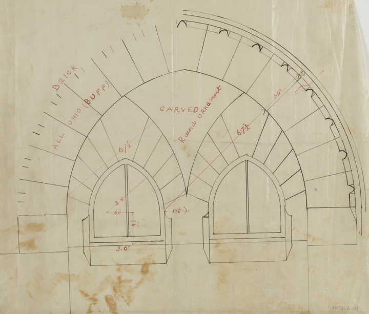 Architectural sketch of a stone arch with two pointed windows. Annotations in red ink show measurements and materials like "ALL OHIO BUFF BRICK," conveying precision.