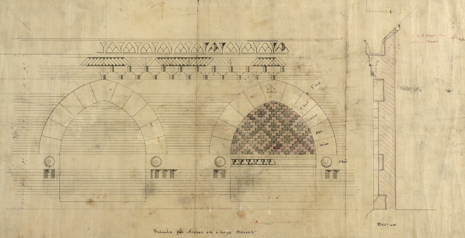 Architectural sketch of a decorative arch design featuring detailed patterns and geometric motifs. Includes side section view and handwritten notes.