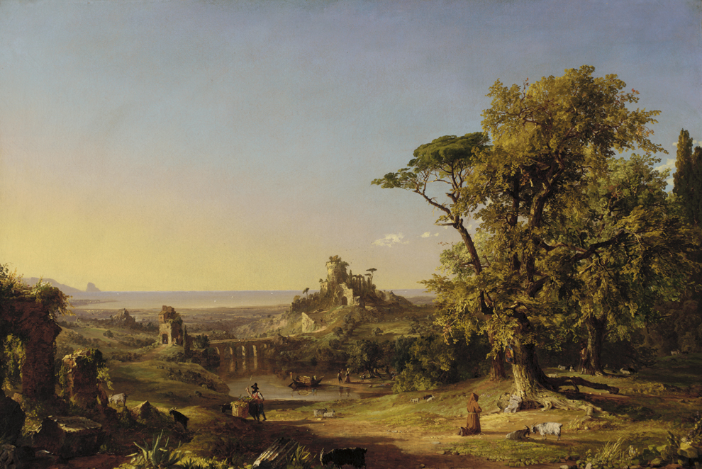 A tranquil landscape painting depicting a lush, green scene with rolling hills, a large tree, ancient ruins, and two figures near a small river. The sky is a soft gradient from yellow to blue, evoking a peaceful, serene atmosphere.