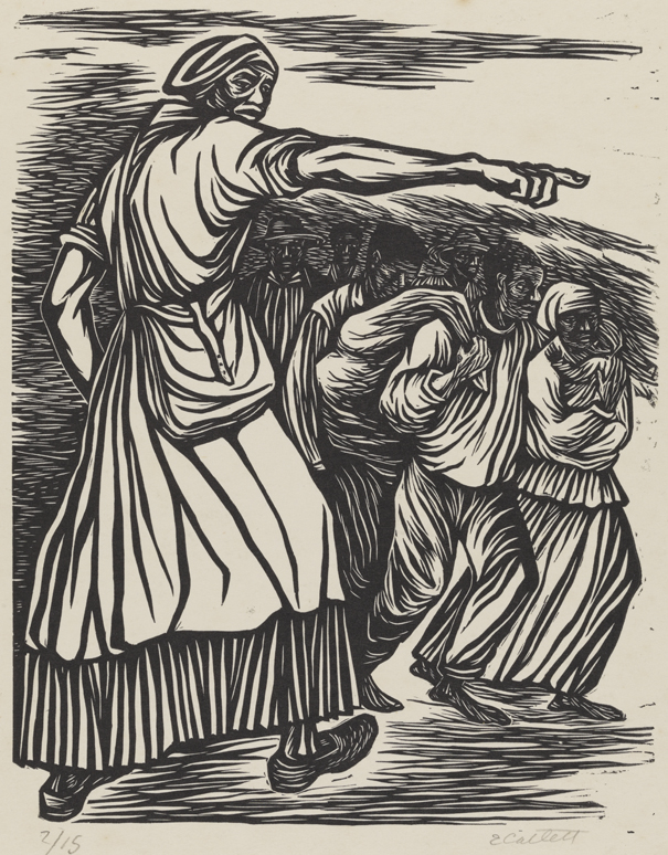 Black and white illustration of a determined woman pointing forward, leading a group of somber people. The dramatic lines convey urgency and resolve.