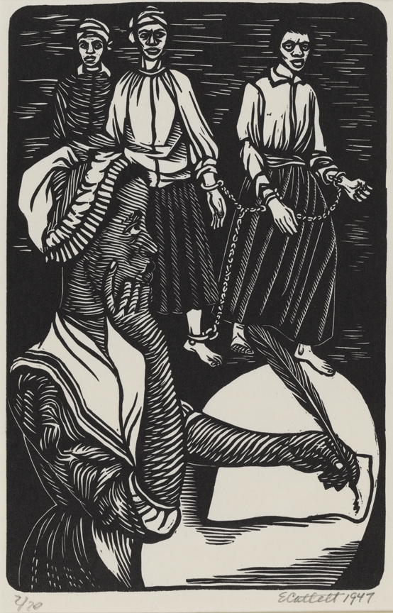 A black and white illustration depicts an enslaved woman writing with a quill, while three chained women stand solemnly in the background, conveying struggle and resilience.