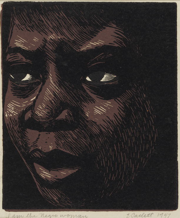 Linocut portrait of a contemplative woman’s face, with strong shadows and highlights emphasizing her expression. The mood is introspective and solemn.