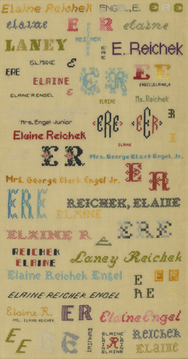 Embroidery on linen of several different variations on Elaine Reichek's name.