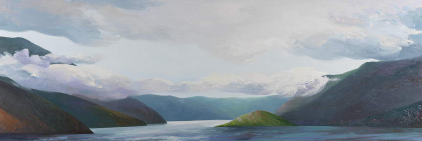Oil on canvas painting looking out on a body of water between mountains.