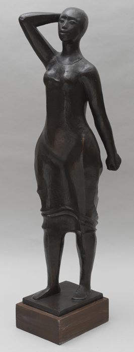 Bronze sculpture of a standing woman with a smooth, elongated form. She leans back with one arm on her head, evoking calm and contemplation.