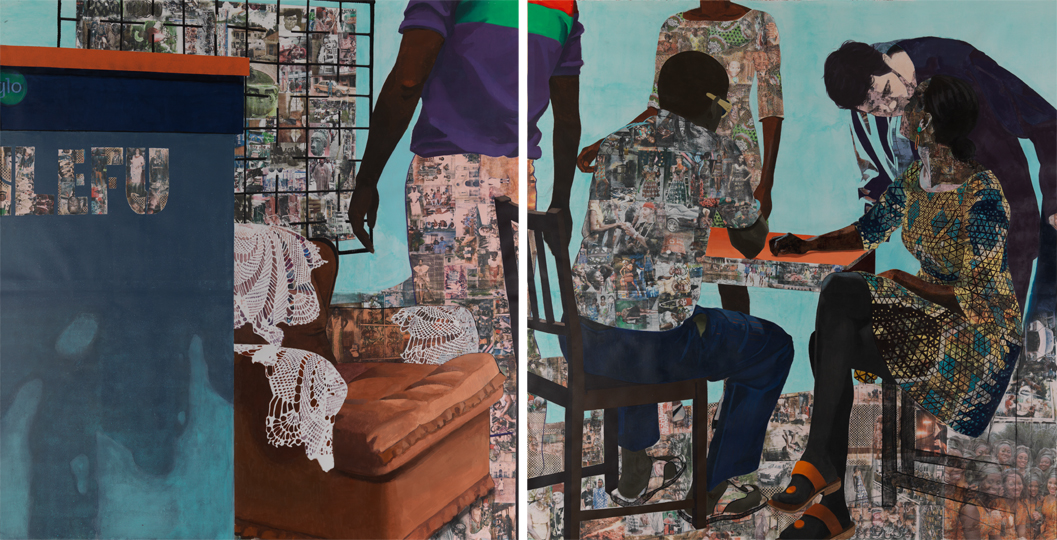A two-panel mixed-media painting depicts a group of Black figures in an intimate domestic setting, blending solid acrylic paint with intricate photographic collage elements transfers onto their clothing and the surrounding space.