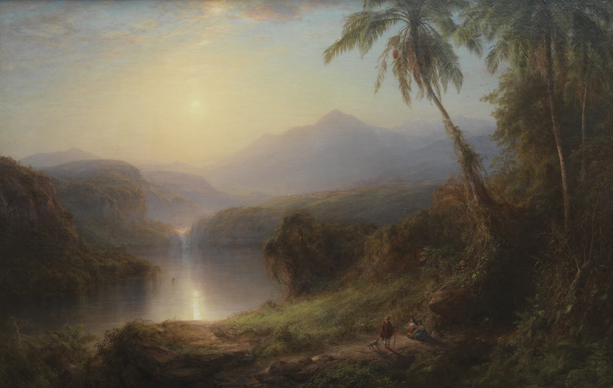 A serene landscape painting depicts a calm river reflecting the setting sun, surrounded by lush mountains and towering palm trees, evoking tranquility.