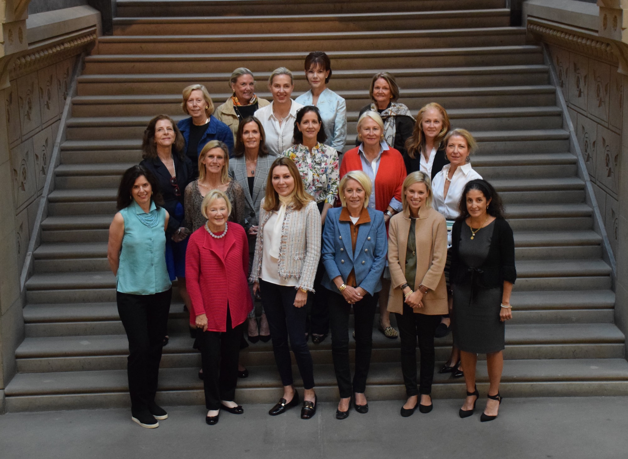 Women's Board members on the steps of the Historic Landmark Building. Front row (L-R): Camille Peluso, Sandy Nesbitt, Lynn Lehocky (President), Janice Peck, Lauren Peck, Pamela Felice | Second Row:  Virginia Baltzell, Katie Rhodes, Marianne Dean, Carmen Navarro Peleaz, Pia Halloran, Donna Salvo, Linda Aversa-Caldwell | Back Row: Julia DeMoss, Georgiana Noll, Andrea Alexanian, Libby Sullivan Trammell, Maggie Malone Murphy