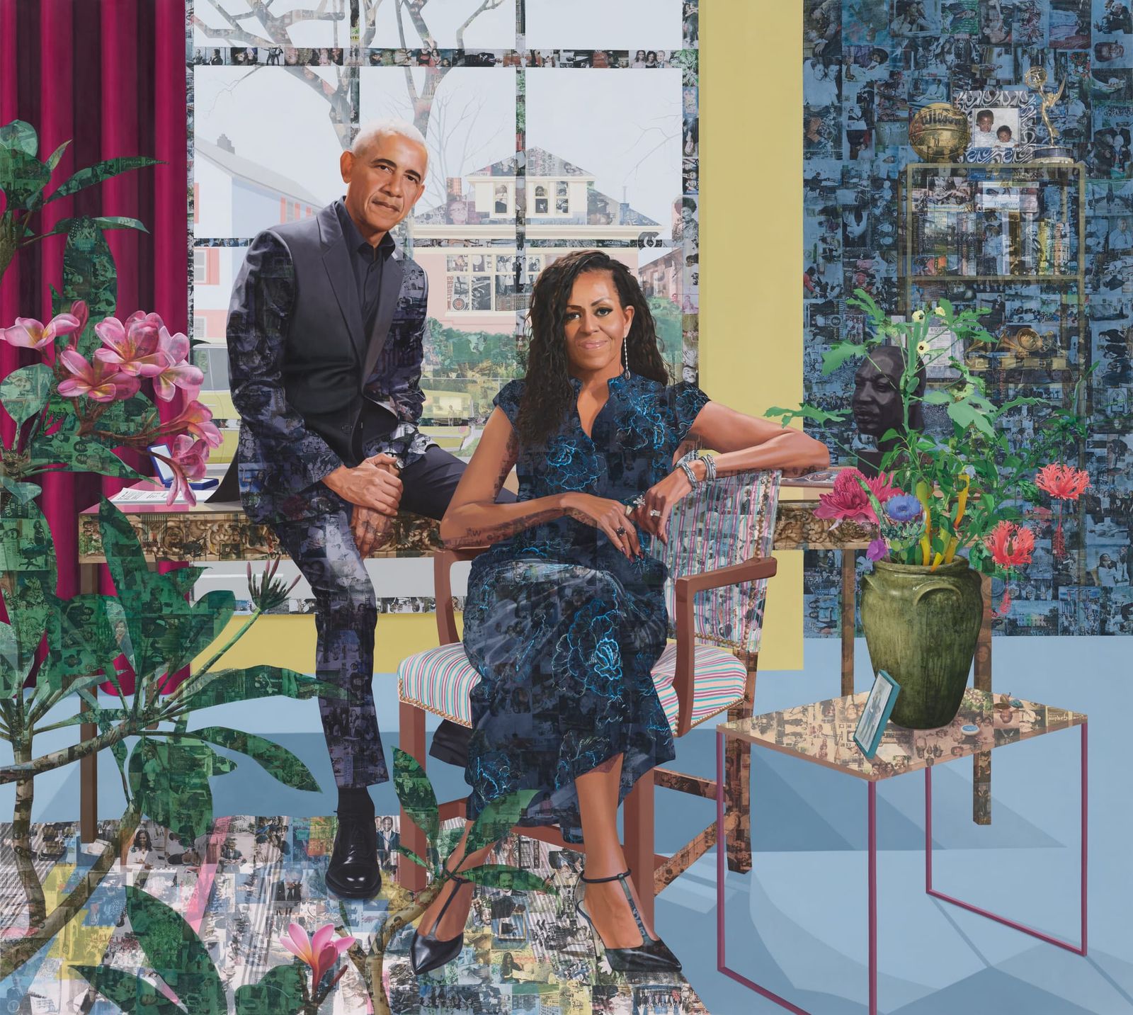 A mixed-media portrait by Njideka Akunyili Crosby depicts Barack Obama leaning against a desk and Michelle Obama seated in a chair, both dressed in patterned blue and gray garments within a vibrantly decorated interior layered with photographic collages.