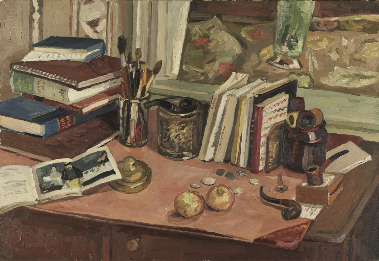 The still life painting by the American artist S. Hilbert Sabin, titled Art Collector's Desk, depicts a cluttered wooden desk surface with various objects, including stacks of books, art brushes, and an open book.