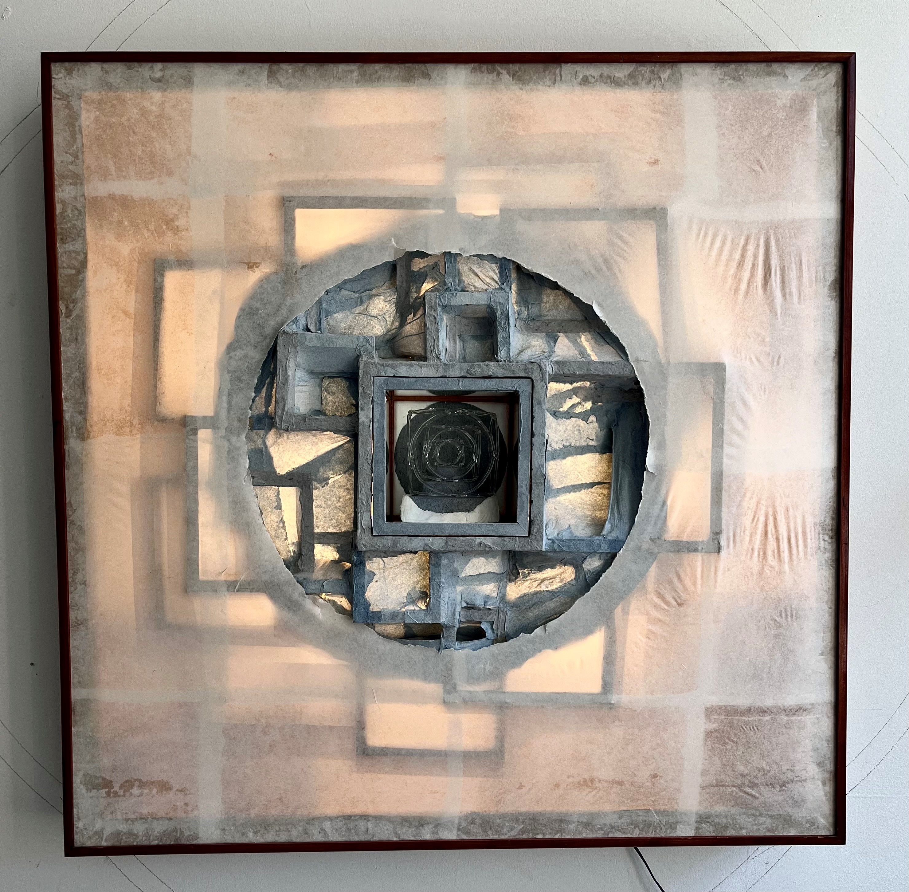 Clay Tenhula (PAFA/Penn BFA), "Iris", handmade paper (made from the artist clothing), wood, glass, mirror Dimension: 34”/34”/6” 