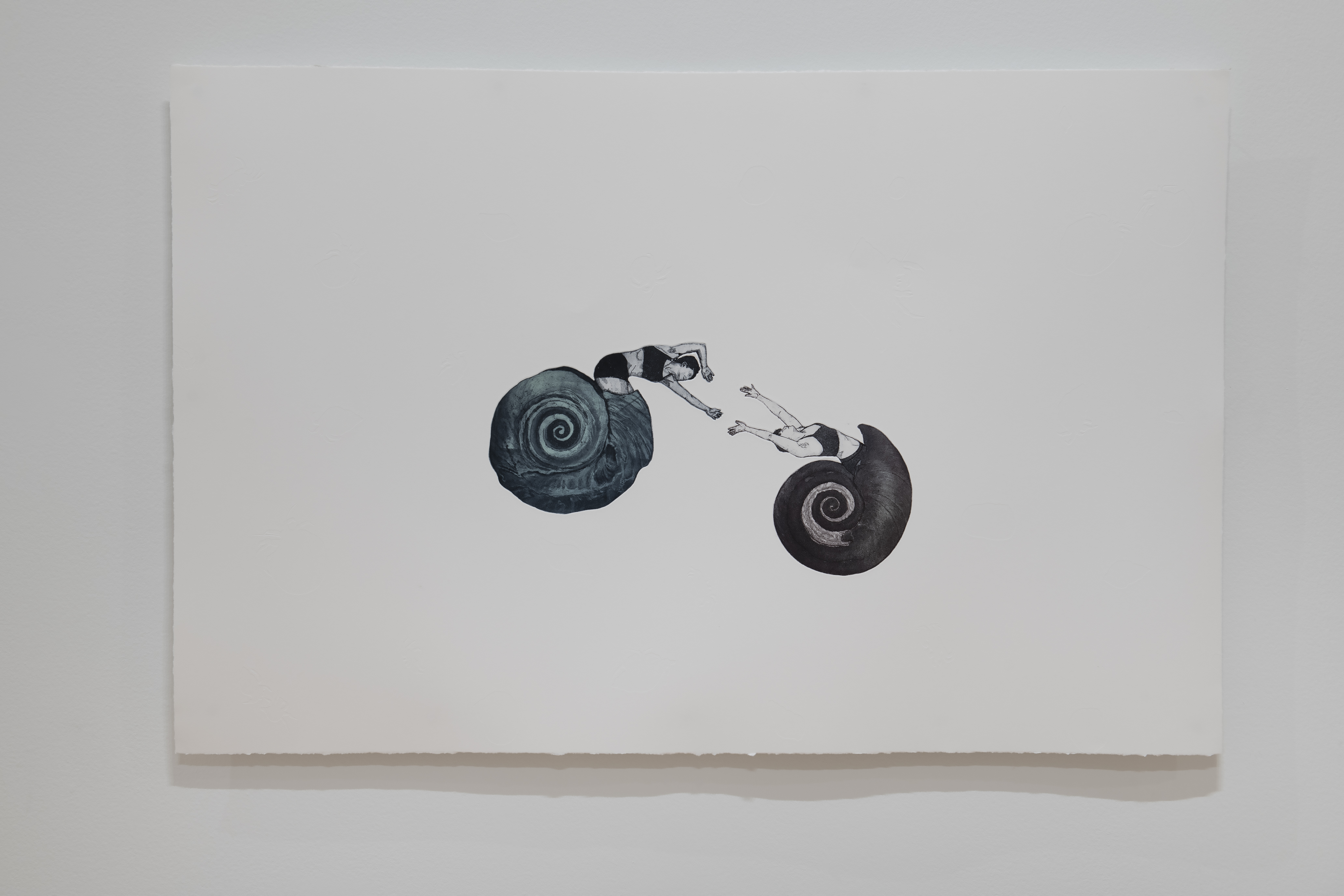 A minimalist ink drawing on white paper depicts two figures emerging from spiral snail shells, reaching toward each other in a recreation of Michelangelo's The Creation of Adam.