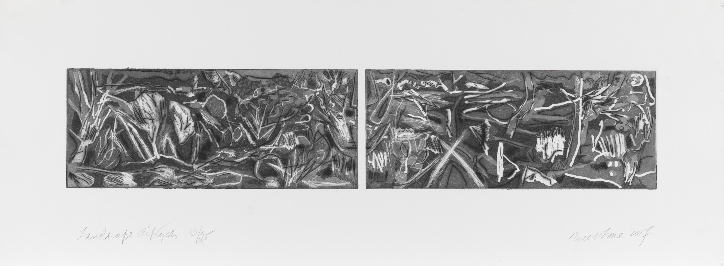 Etching diptych depicting a landscape.