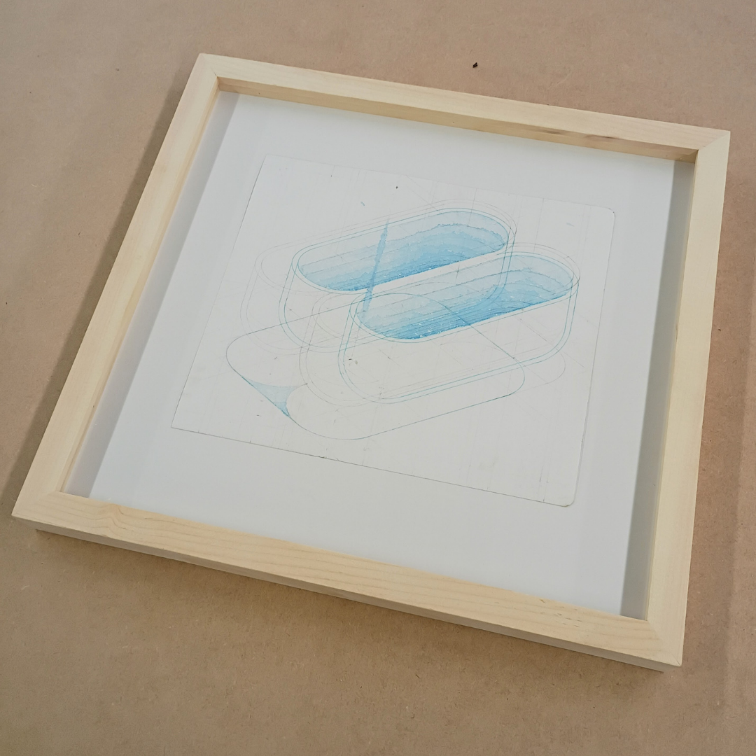 An isometric line drawing of two overlapping, pill-shaped pools filled with blue water, matted and displayed in a light wood square frame.