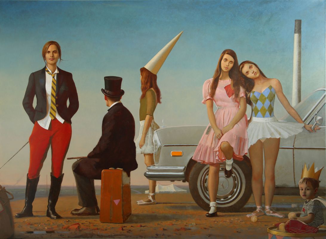 A surreal scene with five figures in varied costumes. One wears red pants and a blazer; another sits with a top hat. Two women in dresses stand by a vintage car, while a child with a paper crown sits nearby. The mood is whimsical and dreamlike.