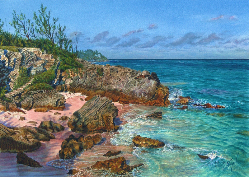 A watercolor depicting a rocky coastal landscape with turquoise water, weathered stone formations, and a soft blue sky.