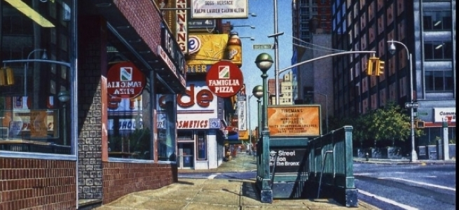 a photorealistic watercolor painting of a New York City street scene featuring a subway entrance and storefronts.