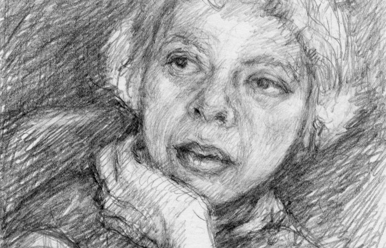 an expressive graphite and charcoal portrait study depicting an individual resting their chin on their hand with an introspective gaze. 