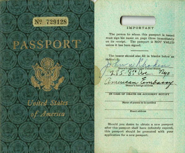 Cover and first page of John Rhoden's passport