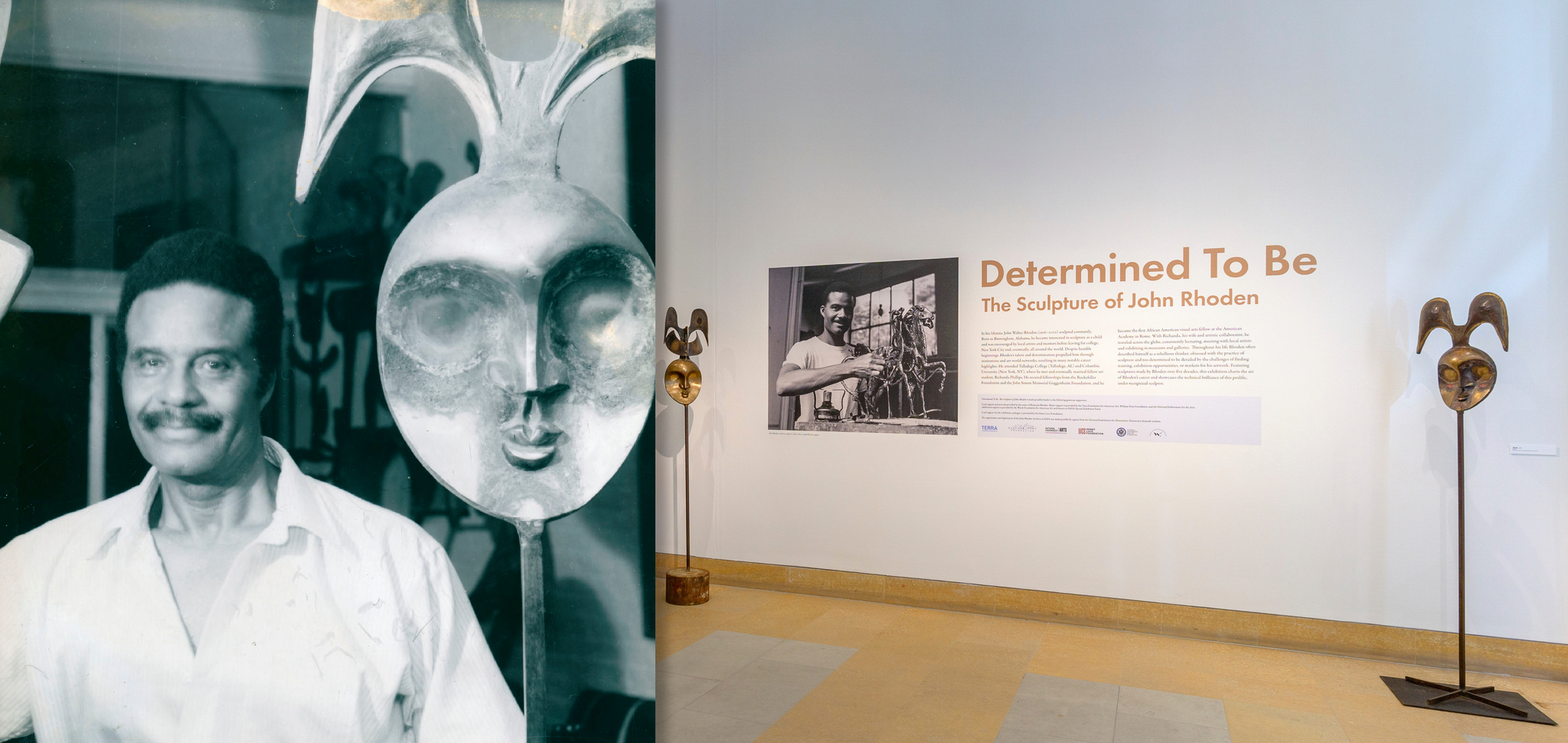 Rhoden poses with stature with a contemporary image of the exhibit