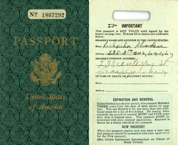 Front cover and first page of Richenda Rhoden's passport