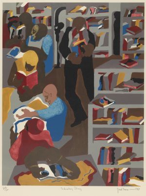 Jacob Lawrence, Schomburg Library, 1987 Silkscreen, 106/200, 26 x 20 in. Gift of Dr. Constance E. Clayton in loving memory of her mother Mrs. Williabell Clayton, PAFA. 
