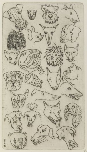 Print by Sue Coe, Untitled (Faces of Dogs)
