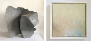 two images side-by-side, one is an abstract sculpture by Sarah Thompson Moore, the other is an abstract painting by Stuart Shils