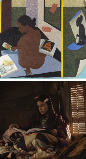 Side by side image of Mequitta Ahuja's piece, A Real Allegory of Her Studio, 2015, and film still