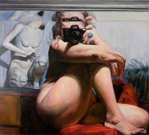 Image of Joan Semmel, photographing her naked body in a mirror