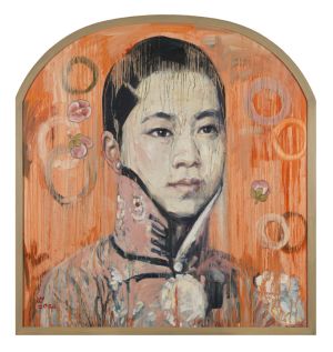 The Painting Visage II by Hung Liu. A portrait of a young woman with Chinese Blossoms adorning her.