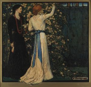 June by Violet Oakley. Two Women Stand in a Garden, one with their arm outstretched