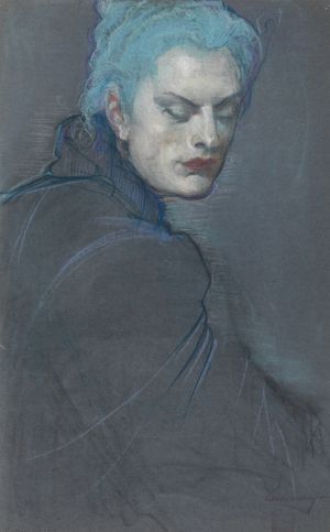A portrait of a person with powder white skin, blue hair, dramatic eye makeup. It is a sketch using pastels and deep gray paper. The subject's body is turned to the right, but the face is nearly facing the viewer and their eyes are cast down with a dignified appearance.