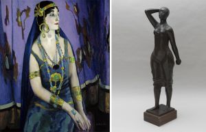 two images, side by side. On the left is Arthur B. Carles, An Acrtress as Cleopatra, 1914; Elizabeth Catlett, Women Walking (Standing Woman), 1987, cast 1997. 