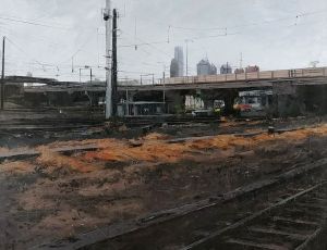 Painting by Shushana Rucker - Dark urban landscape with train tracks and high rise buildings in distance