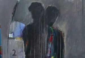 Dark abstract painting with silhouettes of human figures