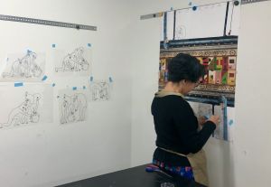 Artist Kukuli Velarde in residence at the Brodsky Center at PAFA, December 2022, working on her new edition to be published in April 2023.