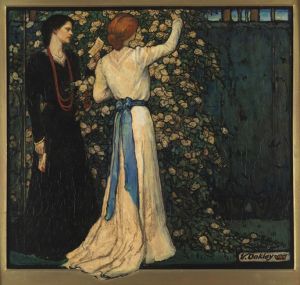 Painting of two women admiring a rose bush by Violet Oakley entitled "June", 1902
