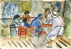 colorful watercolor painting of people around a table