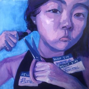Painting of a young person holding scissors up to their hair in a ponytail. They have several different nametag stickers on their shirt with the names crossed out. The figure is purple and the background is a bright blue.