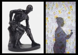 Composite of two images:  John Quincy Adams Ward (1830–1910), The Freedman, 1863, bronze, and Letitia Huckaby (b. 1972), "Ms. Jocelyn", 2022, Pigment print on fabric with embroidery.