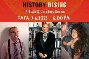 Graphic for the Rising Sun Artists & Curators Series, with three bio photos of panelists Peter Barberie, Deborah Willis and Sheida Soleimani