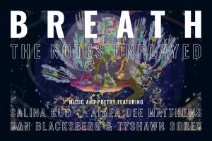 Graphic of the performance featuring the title, artists names and an image by Saya Woolfalk from her Rising Sun work, "We Emerge at the Sunset of Your Ideology"