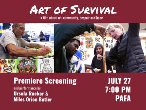 Graphic for the Art of Survival screening with stills of the participants in the project making art. 